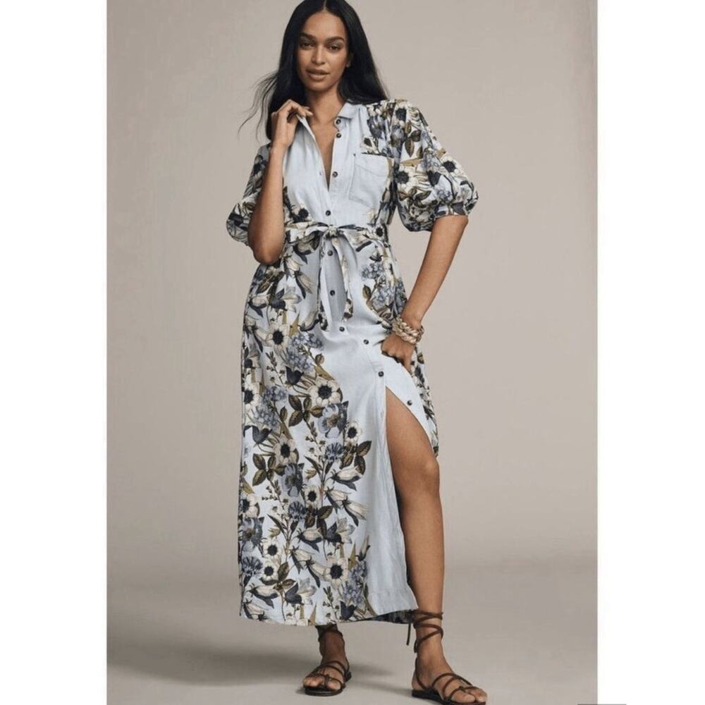 Anthropologie Maeve The Mona Linen Shirt Dress Blue Floral XS Oversized NEW Tag